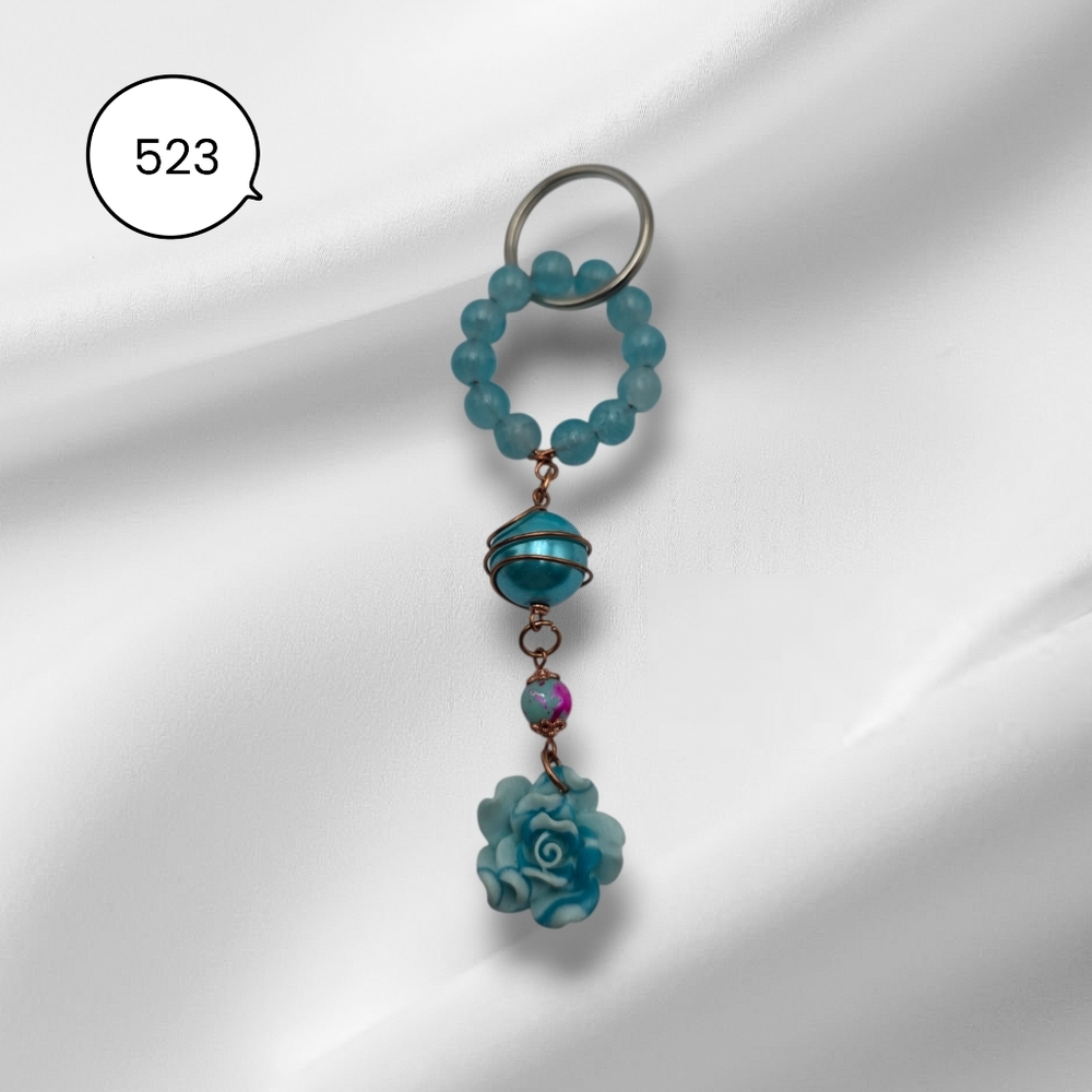 Aqua Beaded Floral Keychain – Handmade Blue Rose Charm Accessory